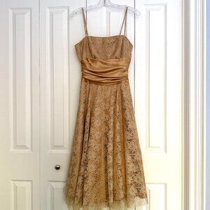 Vtg Masquerade Gold Cocktail Dress Gown Shimmer Lace Prom Y2K Fairy Size 5/6